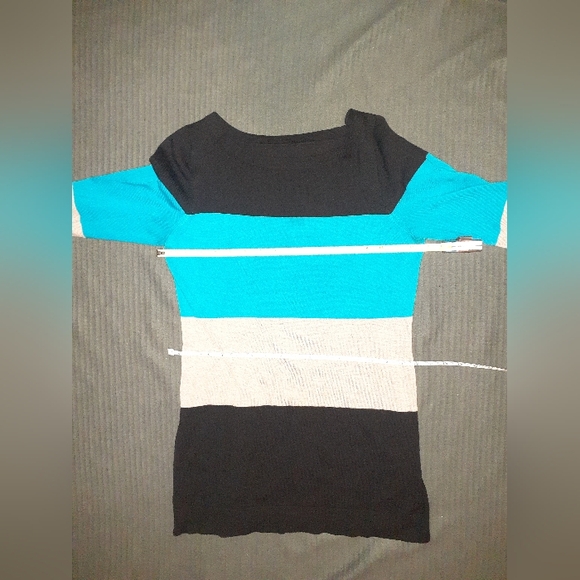 Sweater Dress with Blue, grey, black colour-blocked stripes, fits S-L - Picture 13 of 14